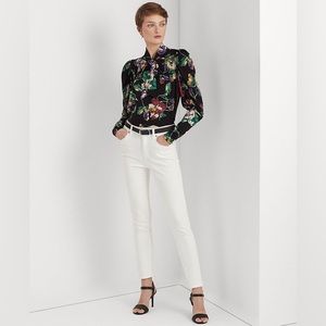 New! Beautiful LAUREN Ralph Lauren Petite Floral Pleated Jersey Tie Neck Top.